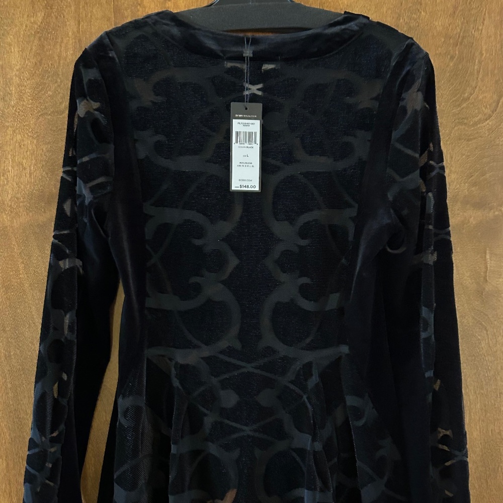 BCBGMaxazria Black Semi-Sheer long sleeves, Peplum Hem, Size L
